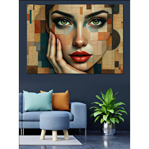 Geometrik Desenli Kadın Portresi Dekoratif Kanvas - Mdf Ahşap Tablo