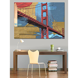 Golden Gate Köprüsü Çizimi Dekoratif Kanvas - Mdf Ahşap Tablo