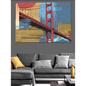 Golden Gate Köprüsü Çizimi Dekoratif Kanvas - Mdf Ahşap Tablo
