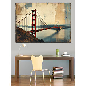 Golden Gate Köprüsü İllüstrasyonu Dekoratif Kanvas - Mdf Ahşap Tablo 35x50 cm