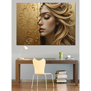Altın Desenli Kadın Portresi Dekoratif Kanvas - Mdf Ahşap Tablo 50x70 cm