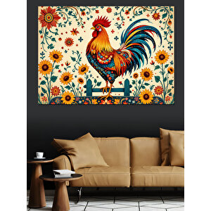 Desenli Horoz Çizimi Kompozisyon Dekoratif Kanvas - Mdf Ahşap Tablo
