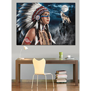 Kızılderili Kadın Ve Kurt Dekoratif Kanvas - Mdf Ahşap Tablo 100x140 cm