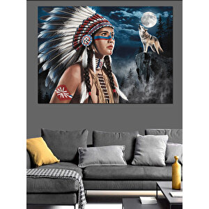 Kızılderili Kadın Ve Kurt Dekoratif Kanvas - Mdf Ahşap Tablo 100x140 cm