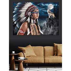 Kızılderili Kadın Ve Kurt Dekoratif Kanvas - Mdf Ahşap Tablo 100x140 cm