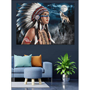 Kızılderili Kadın Ve Kurt Dekoratif Kanvas - Mdf Ahşap Tablo