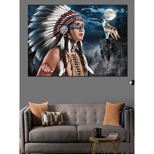 Kızılderili Kadın Ve Kurt Dekoratif Kanvas - Mdf Ahşap Tablo