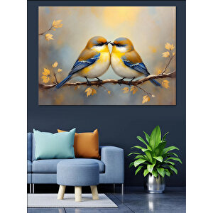 Altın Işıklı Aşık Kuşlar Dekoratif Kanvas - Mdf Ahşap Tablo 35x50 cm