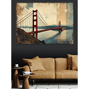 Golden Gate Köprüsü İllüstrasyonu Dekoratif Kanvas - Mdf Ahşap Tablo