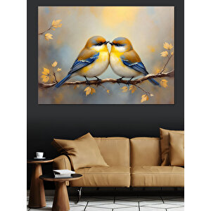 Altın Işıklı Aşık Kuşlar Dekoratif Kanvas - Mdf Ahşap Tablo 100x140 cm
