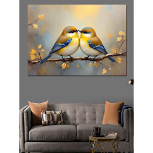 Altın Işıklı Aşık Kuşlar Dekoratif Kanvas - Mdf Ahşap Tablo 100x140 cm