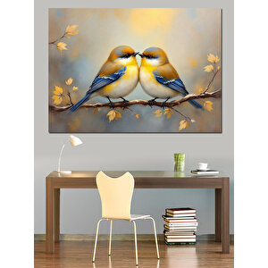 Altın Işıklı Aşık Kuşlar Dekoratif Kanvas - Mdf Ahşap Tablo