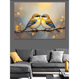 Altın Işıklı Aşık Kuşlar Dekoratif Kanvas - Mdf Ahşap Tablo