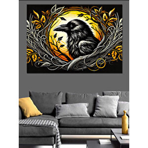 Sarı Çerçeveli Karga Dekoratif Kanvas - Mdf Ahşap Tablo 50x70 cm