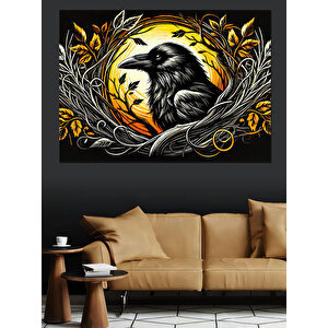Sarı Çerçeveli Karga Dekoratif Kanvas - Mdf Ahşap Tablo 50x70 cm