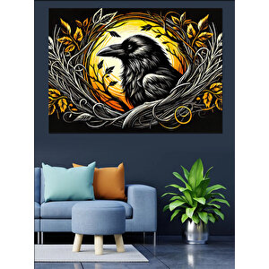 Sarı Çerçeveli Karga Dekoratif Kanvas - Mdf Ahşap Tablo 50x70 cm