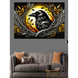 Sarı Çerçeveli Karga Dekoratif Kanvas - Mdf Ahşap Tablo