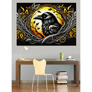 Sarı Çerçeveli Karga Dekoratif Kanvas - Mdf Ahşap Tablo