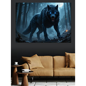 Ormanda Parlayan Siyah Kurt Dekoratif Kanvas - Mdf Ahşap Tablo 100x140 cm