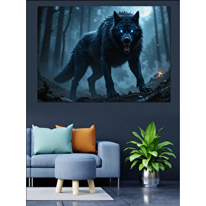 Ormanda Parlayan Siyah Kurt Dekoratif Kanvas - Mdf Ahşap Tablo 100x140 cm