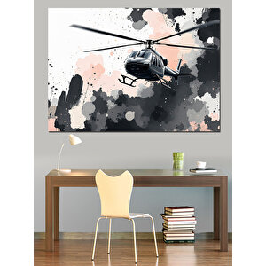 Siyah Beyaz Helikopter Çizimi Dekoratif Kanvas - Mdf Ahşap Tablo