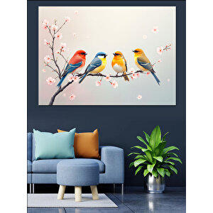 Dört Renkli Sevimli Kuşlar Dekoratif Kanvas - Mdf Ahşap Tablo 100x140 cm