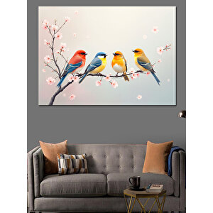 Dört Renkli Sevimli Kuşlar Dekoratif Kanvas - Mdf Ahşap Tablo 100x140 cm
