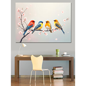 Dört Renkli Sevimli Kuşlar Dekoratif Kanvas - Mdf Ahşap Tablo 100x140 cm
