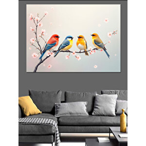 Dört Renkli Sevimli Kuşlar Dekoratif Kanvas - Mdf Ahşap Tablo