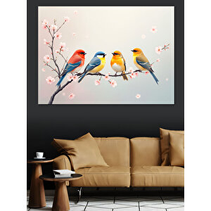 Dört Renkli Sevimli Kuşlar Dekoratif Kanvas - Mdf Ahşap Tablo