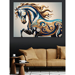 Desenli Mavi At Dekoratif Kanvas - Mdf Ahşap Tablo 100x140 cm