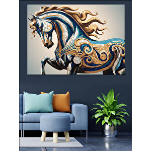 Desenli Mavi At Dekoratif Kanvas - Mdf Ahşap Tablo 100x140 cm