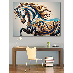 Desenli Mavi At Dekoratif Kanvas - Mdf Ahşap Tablo