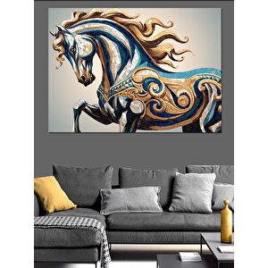 Desenli Mavi At Dekoratif Kanvas - Mdf Ahşap Tablo