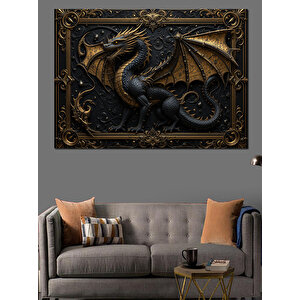 Kara Çerçevede Ejderha Heykeli Dekoratif Kanvas - Mdf Ahşap Tablo 100x140 cm