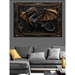 Kara Çerçevede Ejderha Heykeli Dekoratif Kanvas - Mdf Ahşap Tablo 100x140 cm