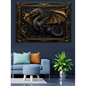 Kara Çerçevede Ejderha Heykeli Dekoratif Kanvas - Mdf Ahşap Tablo