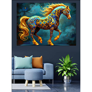 Renkli Desenli Koşan At Dekoratif Kanvas - Mdf Ahşap Tablo 50x70 cm