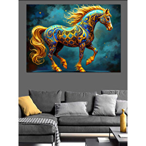 Renkli Desenli Koşan At Dekoratif Kanvas - Mdf Ahşap Tablo 100x140 cm