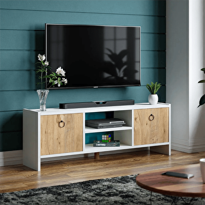 Tv Sehpası Kapaklı Raflı Tv Ünitesi Televizyon Sehpası Beyaz Atlantik Çam