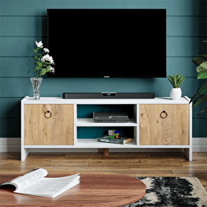 Tv Sehpası Kapaklı Raflı Tv Ünitesi Televizyon Sehpası Beyaz Atlantik Çam
