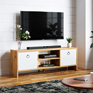 Tv Sehpası Kapaklı Raflı Tv Ünitesi Televizyon Sehpası Atlantik Çam Beyaz Kapak
