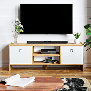 Tv Sehpası Kapaklı Raflı Tv Ünitesi Televizyon Sehpası Atlantik Çam Beyaz Kapak