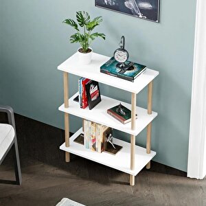 Dekoratif 3 Raflı Ahşap Ayaklı Kitaplık Yan Sehpa Beyaz