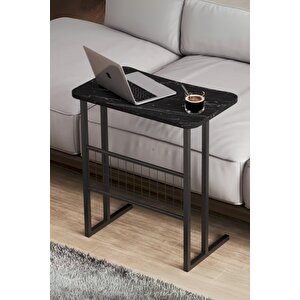 Metal Ayaklı Laptop Sehpası Koltuk Sehpası Kahvaltı Masası Çalışma Sehpası Siyah Mermer