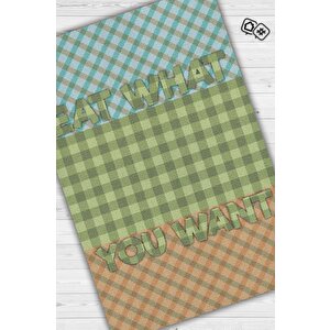 Homshtag İstediğini Ye Çok Renkli Mutfak Halısı Yazılı Dekoratif Halı Geometrik Mutfak Temalı Halısı