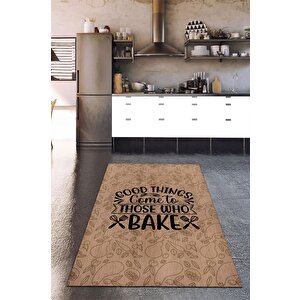 Yemek Yap Mutlu Ol Kahve Renkli Mutfak Halısı Yazılı Modern Halı Mutfak Temalı Figürlü Halı 120x180 cm
