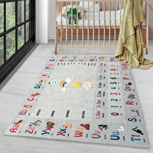 Çocuk Bebek Odası İngilizce Figürlü Eğitici Oyun Halısı Gri Halı Yıkanabilir Kaymaz 160x230 cm