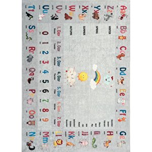 Çocuk Bebek Odası İngilizce Figürlü Eğitici Oyun Halısı Gri Halı Yıkanabilir Kaymaz 160x230 cm