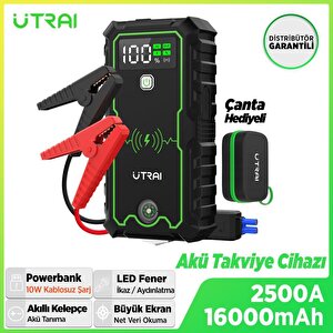 Utrai Js-1 Pro 16000mah 2500a Jump Starter Taşınabilir Akü Takviye Cihazı ( Kablosuz Şarj + Pusula + Çanta + Led Lamba + Powerbank